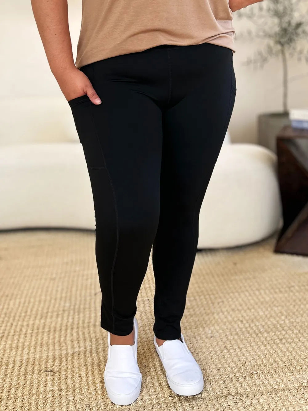 Wide Waistband Workout Leggings-High-waisted workout leggings with wide waistband & side pockets. Opaque, stretchy, comfy & flattering. Standard & plus sizes.
