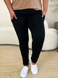 Wide Waistband Workout Leggings-High-waisted workout leggings with wide waistband & side pockets. Opaque, stretchy, comfy & flattering. Standard & plus sizes.