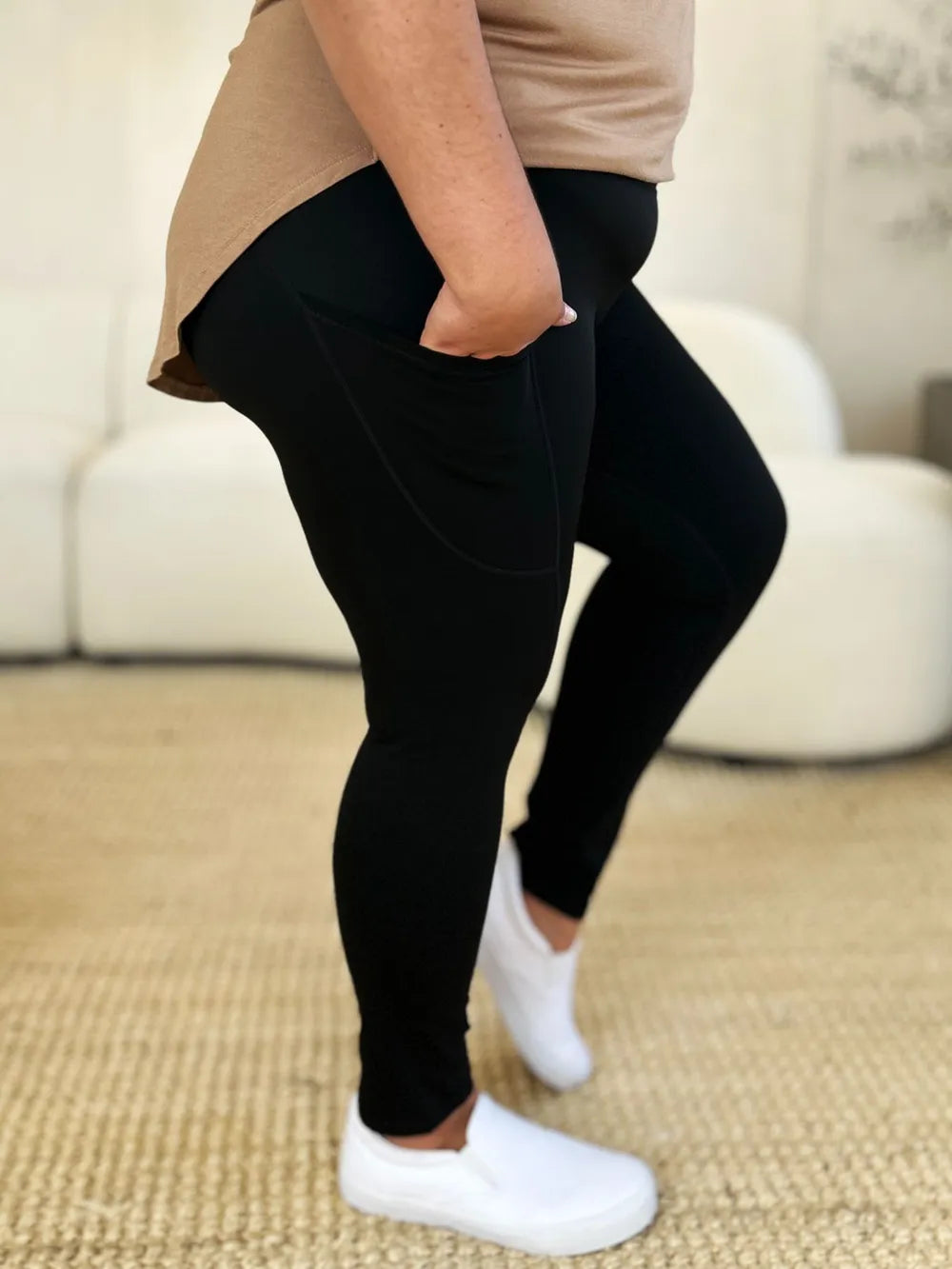 Wide Waistband Workout Leggings-High-waisted workout leggings with wide waistband & side pockets. Opaque, stretchy, comfy & flattering. Standard & plus sizes.