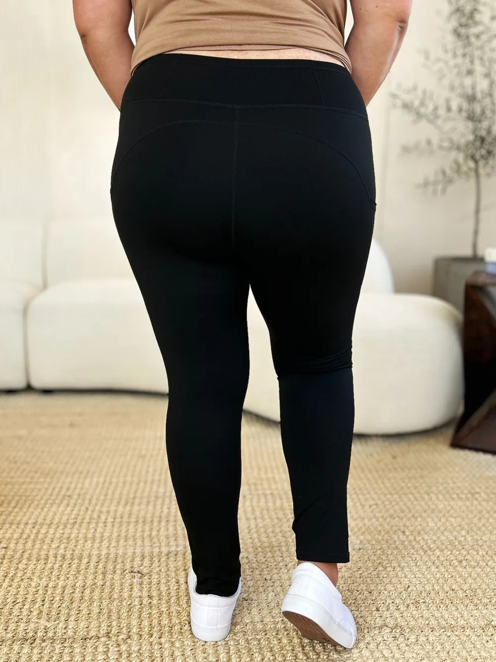 Wide Waistband Workout Leggings-High-waisted workout leggings with wide waistband & side pockets. Opaque, stretchy, comfy & flattering. Standard & plus sizes.
