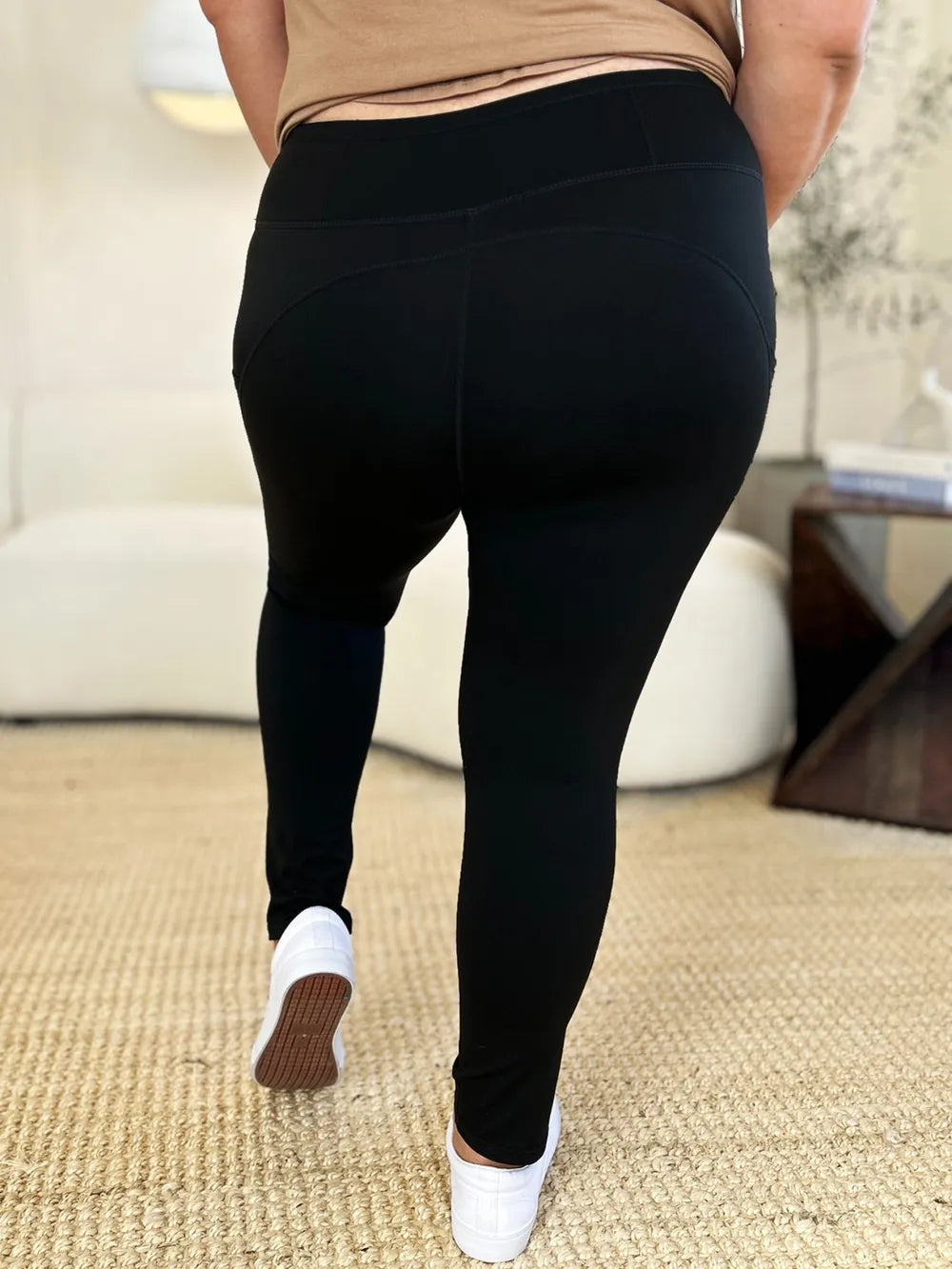 Wide Waistband Workout Leggings-High-waisted workout leggings with wide waistband & side pockets. Opaque, stretchy, comfy & flattering. Standard & plus sizes.