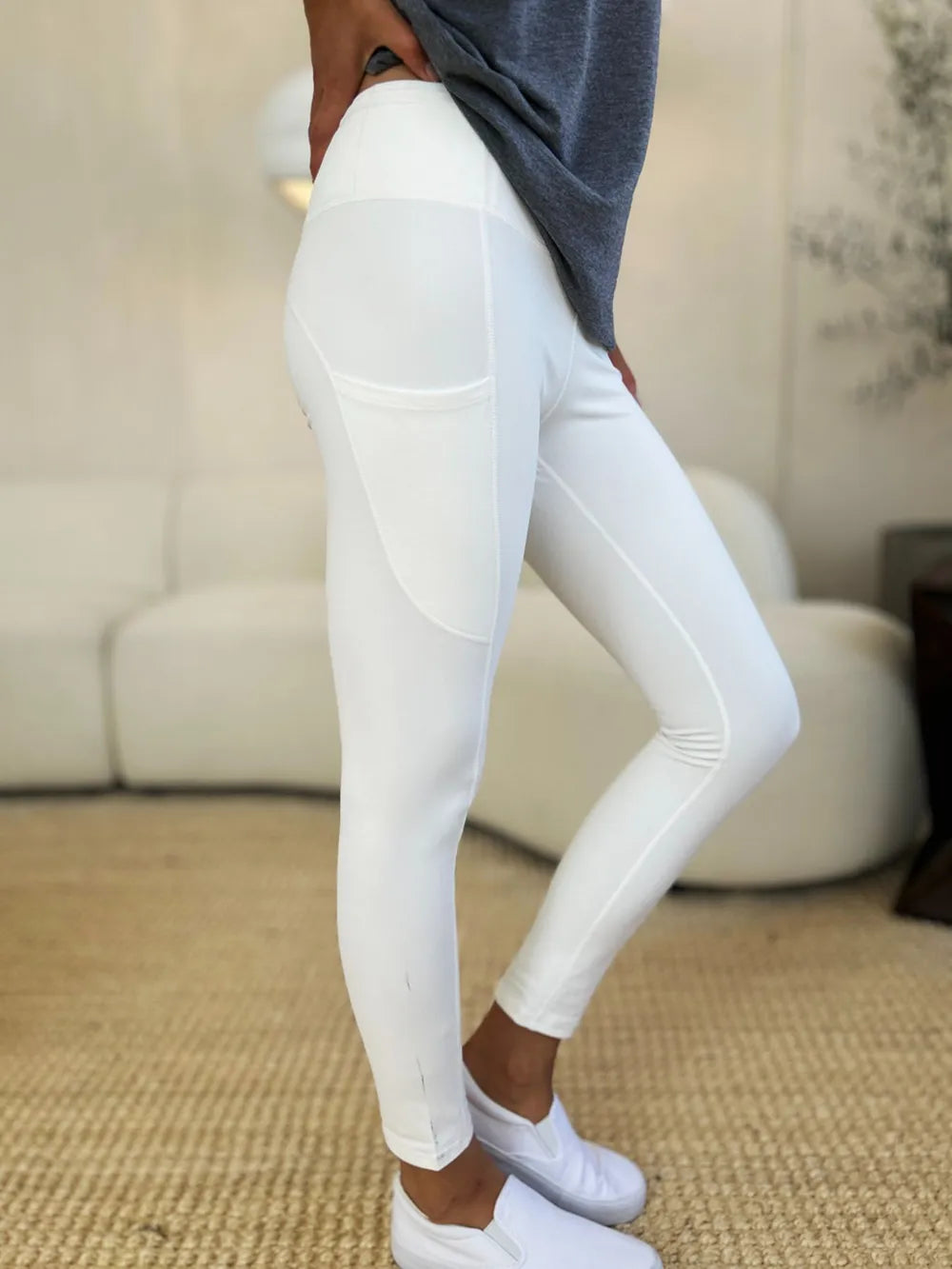 Wide Waistband Workout Leggings-High-waisted workout leggings with wide waistband & side pockets. Opaque, stretchy, comfy & flattering. Standard & plus sizes.