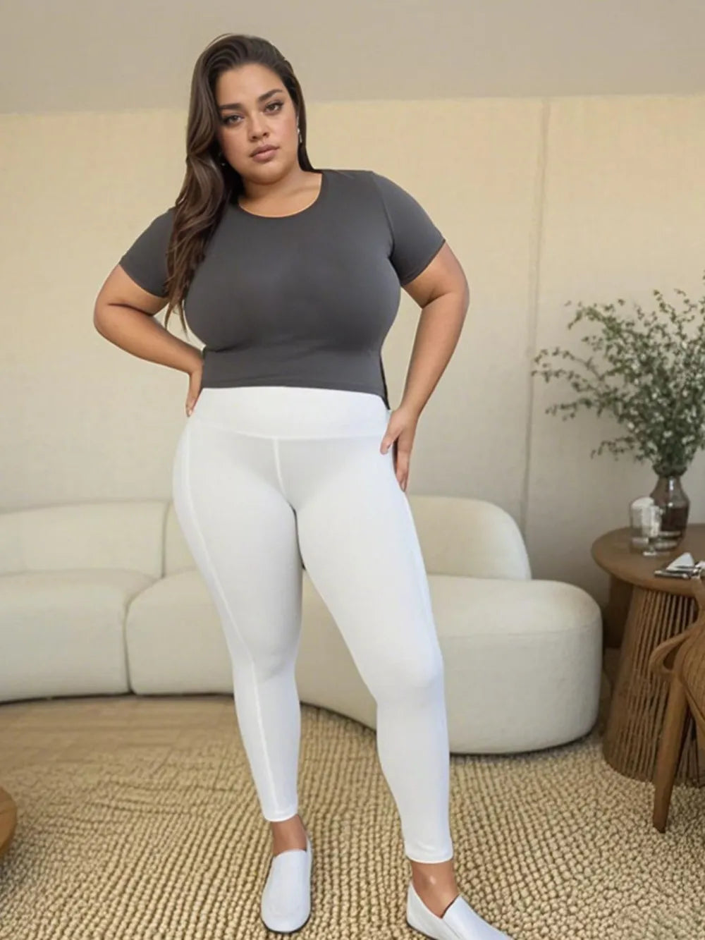 Wide Waistband Workout Leggings-High-waisted workout leggings with wide waistband & side pockets. Opaque, stretchy, comfy & flattering. Standard & plus sizes.