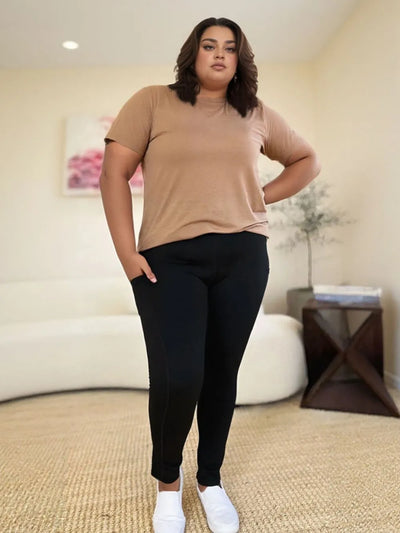 Wide Waistband Workout Leggings-High-waisted workout leggings with wide waistband & side pockets. Opaque, stretchy, comfy & flattering. Standard & plus sizes.