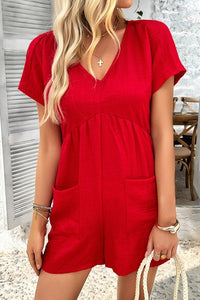 Shop Willow Back Strap Drape Romper-Relaxed green romper with a deep V-neck, scoop back with strap detail, and pockets. Lightweight and breezy—perfect for beach, vacation, or casual days.-available at Reef Love online boho-chic boutique