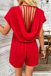 Shop Willow Back Strap Drape Romper-Relaxed green romper with a deep V-neck, scoop back with strap detail, and pockets. Lightweight and breezy—perfect for beach, vacation, or casual days.-available at Reef Love online boho-chic boutique