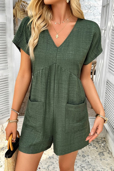 Shop Willow Back Strap Drape Romper-Relaxed green romper with a deep V-neck, scoop back with strap detail, and pockets. Lightweight and breezy—perfect for beach, vacation, or casual days.-available at Reef Love online boho-chic boutique