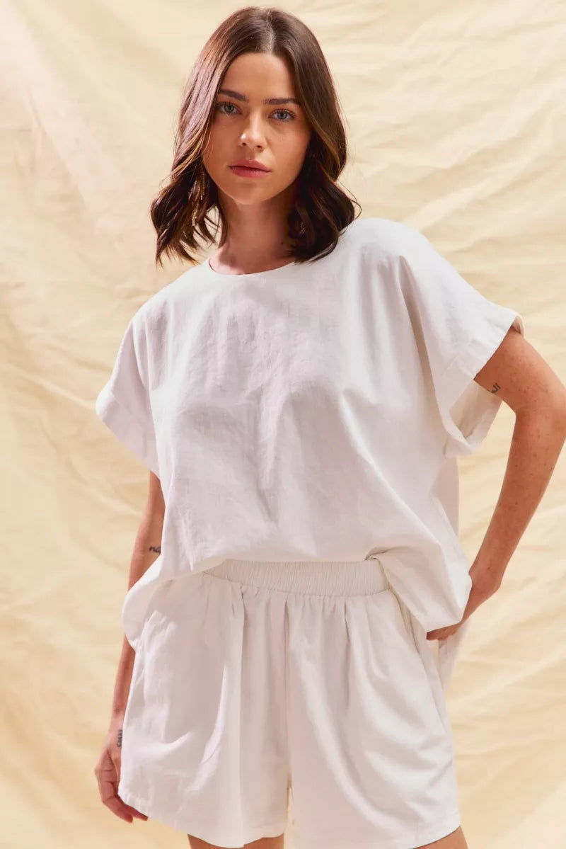 Winter White Cotton Short Sleeve Top & Shorts Lounge Set