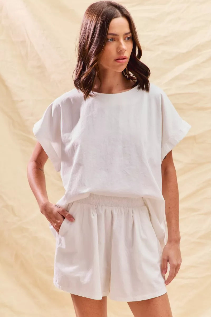 Winter White Cotton Short Sleeve Top & Shorts Lounge Set