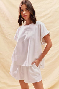 Winter White Cotton Short Sleeve Top & Shorts Lounge Set