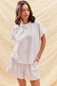 Winter White Cotton Short Sleeve Top & Shorts Lounge Set