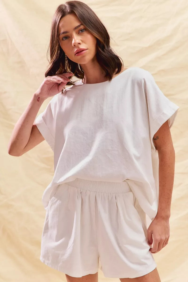 Winter White Cotton Short Sleeve Top & Shorts Lounge Set
