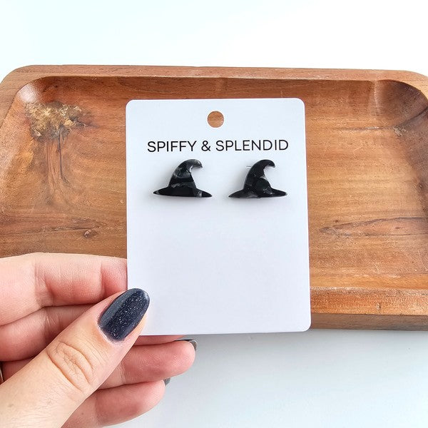 Shop Witch Hat Studs - Black-Add Halloween flair with these black witch hat stud earrings. Lightweight acrylic with hypoallergenic posts—perfect for spooky style and year-round witchy vibes.-available at Reef Love online boho-chic boutique