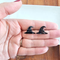Shop Witch Hat Studs - Black-Add Halloween flair with these black witch hat stud earrings. Lightweight acrylic with hypoallergenic posts—perfect for spooky style and year-round witchy vibes.-available at Reef Love online boho-chic boutique