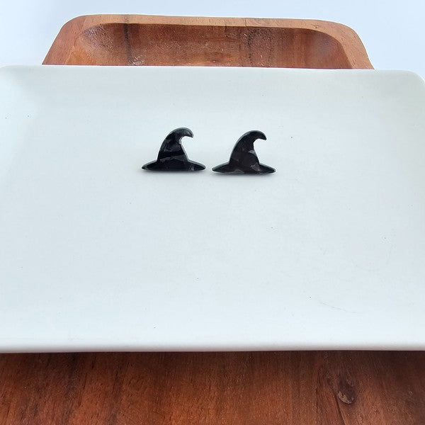 Shop Witch Hat Studs - Black-Add Halloween flair with these black witch hat stud earrings. Lightweight acrylic with hypoallergenic posts—perfect for spooky style and year-round witchy vibes.-available at Reef Love online boho-chic boutique