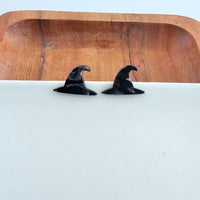 Shop Witch Hat Studs - Black-Add Halloween flair with these black witch hat stud earrings. Lightweight acrylic with hypoallergenic posts—perfect for spooky style and year-round witchy vibes.-available at Reef Love online boho-chic boutique