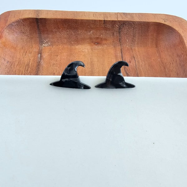 Shop Witch Hat Studs - Black-Add Halloween flair with these black witch hat stud earrings. Lightweight acrylic with hypoallergenic posts—perfect for spooky style and year-round witchy vibes.-available at Reef Love online boho-chic boutique