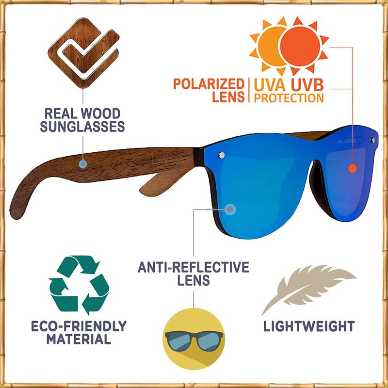 Woodies Oversize Flat Lens Mirrored Walnut Wood Polarized Sunglasses