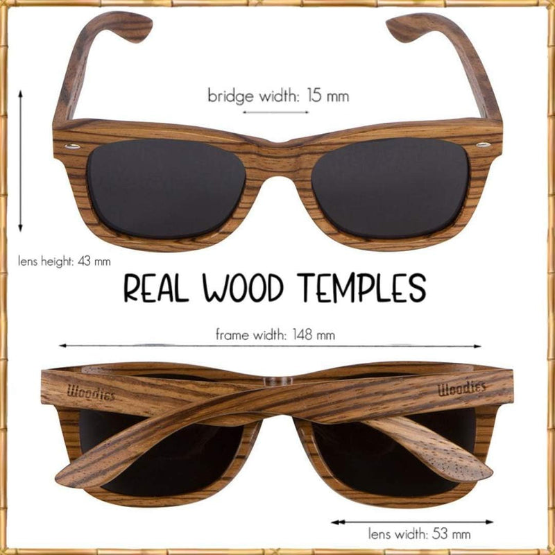 Woodies Polarized All-Wood Zebra Wood Sunglasses for Men and Women | Dark Lenses and Real Wooden Frame | 100% UVA/UVB Ray Protection