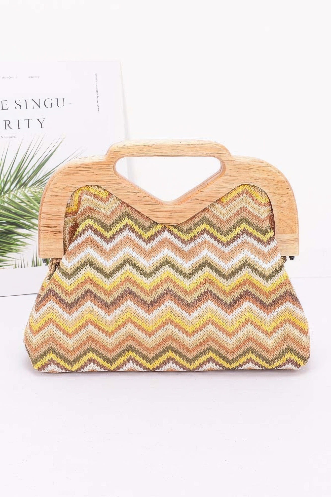 Woven Faux Wood Frame Clutch in brown color