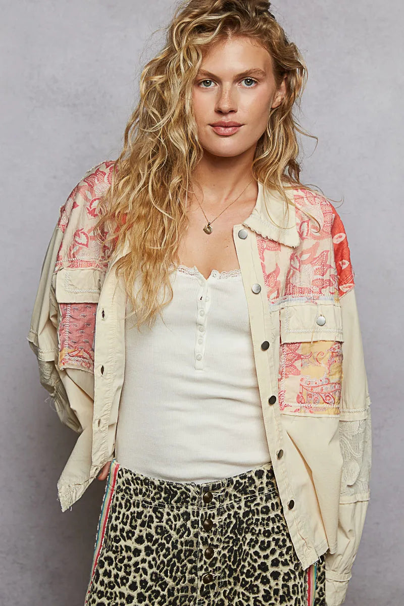 Woven Mix Raw Hem Jacket with Lace Detail