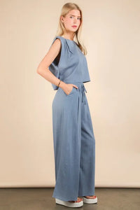 Women's Blue solid woven top and pants set is a versatile and chic outfit option that offers a coordinated and put-together look - Reef Love