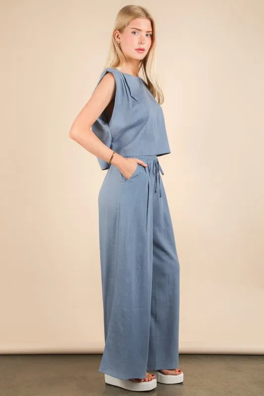 Women's Blue solid woven top and pants set is a versatile and chic outfit option that offers a coordinated and put-together look - Reef Love