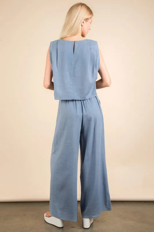 Women's Blue solid woven top and pants set is a versatile and chic outfit option that offers a coordinated and put-together look - Reef Love
