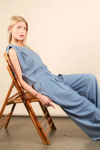 Women's Blue solid woven top and pants set is a versatile and chic outfit option that offers a coordinated and put-together look - Reef Love