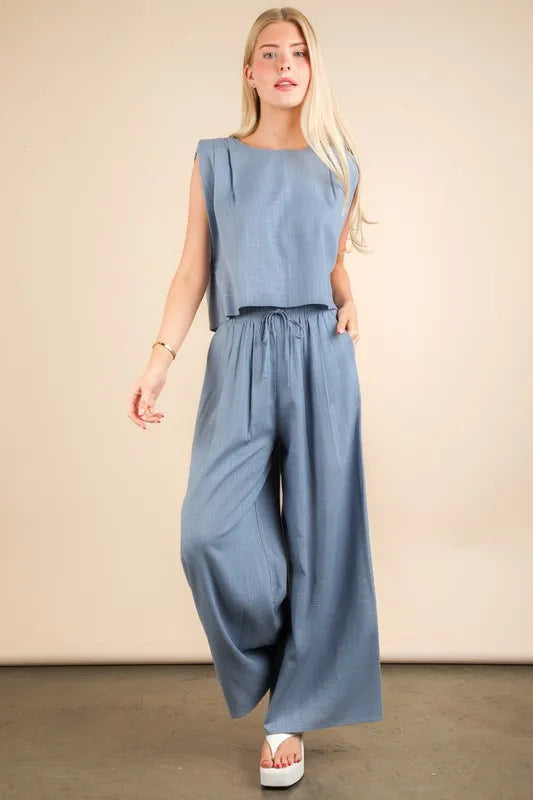 Women's Blue solid woven top and pants set is a versatile and chic outfit option that offers a coordinated and put-together look - Reef Love