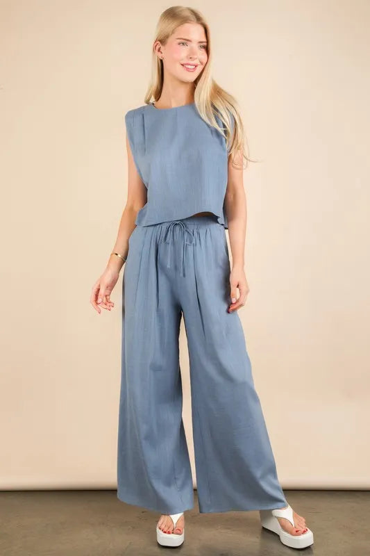 Women's Blue solid woven top and pants set is a versatile and chic outfit option that offers a coordinated and put-together look - Reef Love