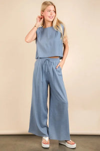 Women's Blue solid woven top and pants set is a versatile and chic outfit option that offers a coordinated and put-together look - Reef Love
