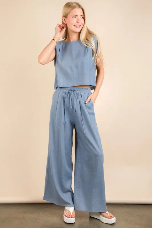 Women's Blue solid woven top and pants set is a versatile and chic outfit option that offers a coordinated and put-together look - Reef Love