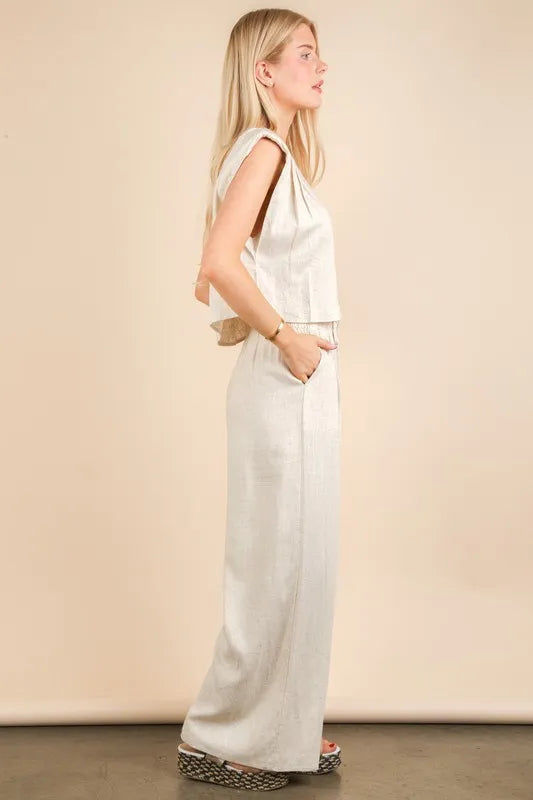 Women's solid woven top and pants set in oatmeal cream color - versatile and chic outfit option that offers a coordinated and put-together look