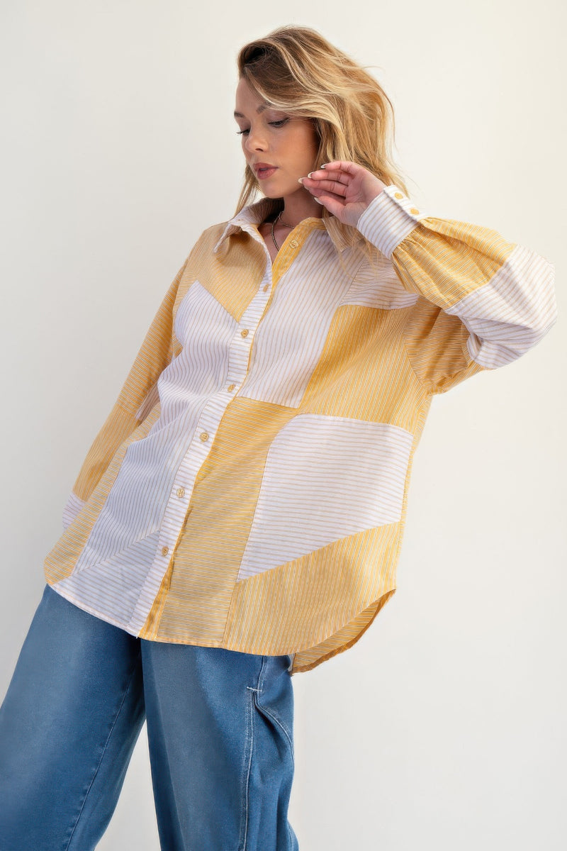 Yellow Stripe Mix Button Down Shirt-Refresh your wardrobe with the effortless charm of the Yellow & White Stripe Mix Button Down Shirt, a modern take on a classic staple, 100% cotton.