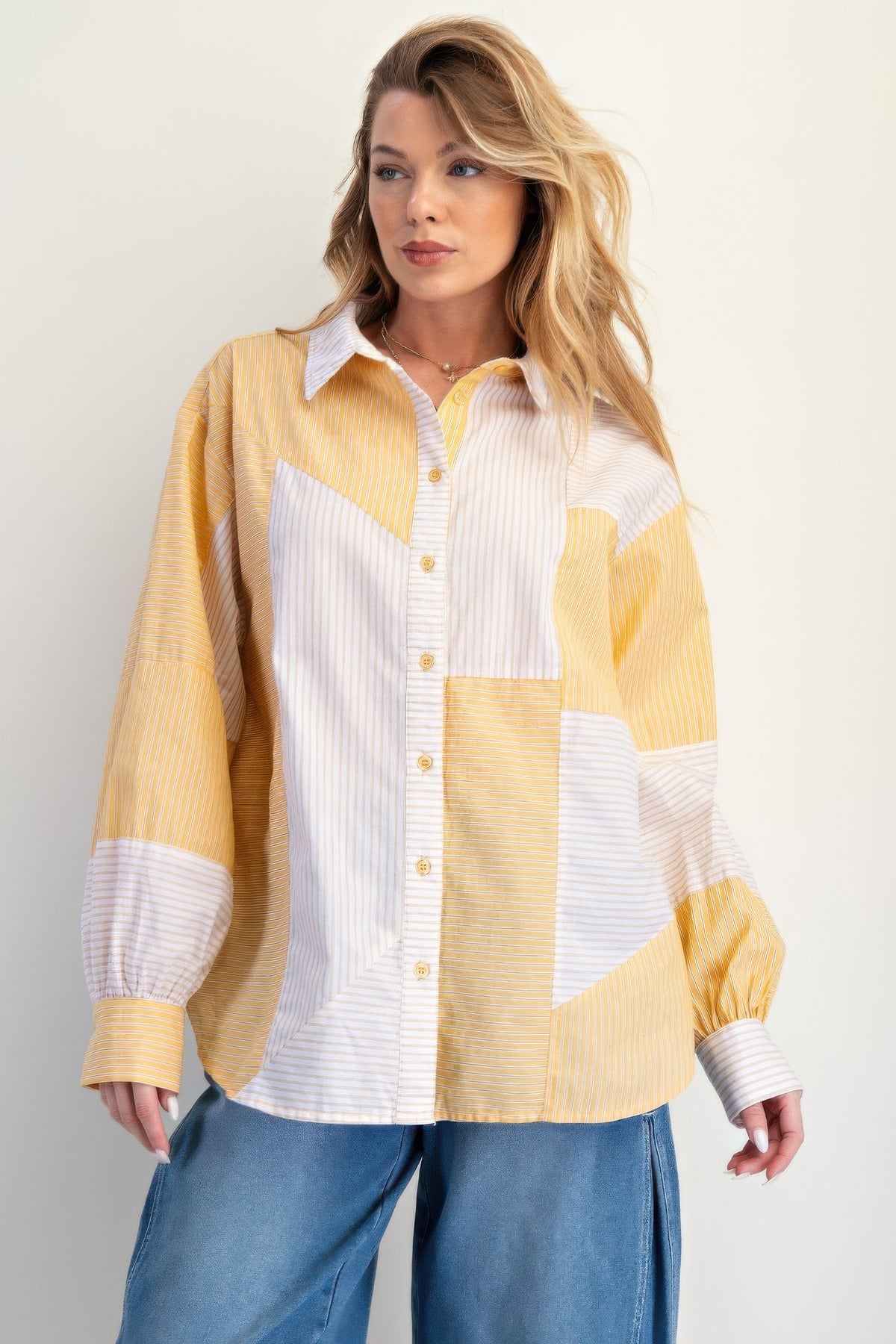 Yellow Stripe Mix Button Down Shirt-Refresh your wardrobe with the effortless charm of the Yellow & White Stripe Mix Button Down Shirt, a modern take on a classic staple, 100% cotton.