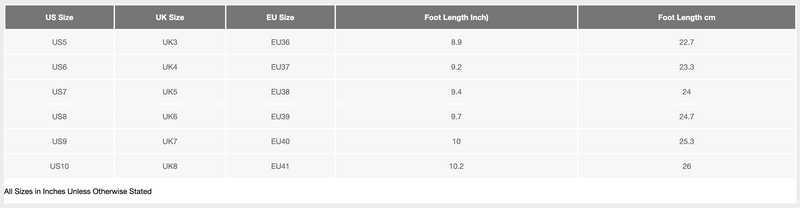 Table displaying shoe size conversions with various measurements.