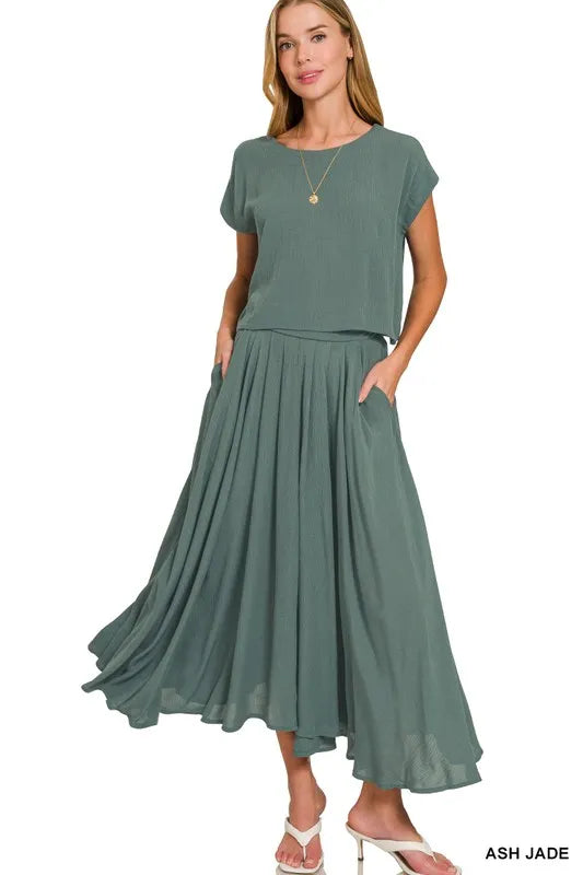 Zenana Woven Crinkle Gauze Crop Tee and Skirt Set, Ash Jade-The Woven Crinkle Gauze Crop Tee and Skirt Set in ash jade is a stylish and coordinated outfit choice for a chic and effortless look. Made from crinkle gauze fabric.-Reef Love Boho-Chic Boutique