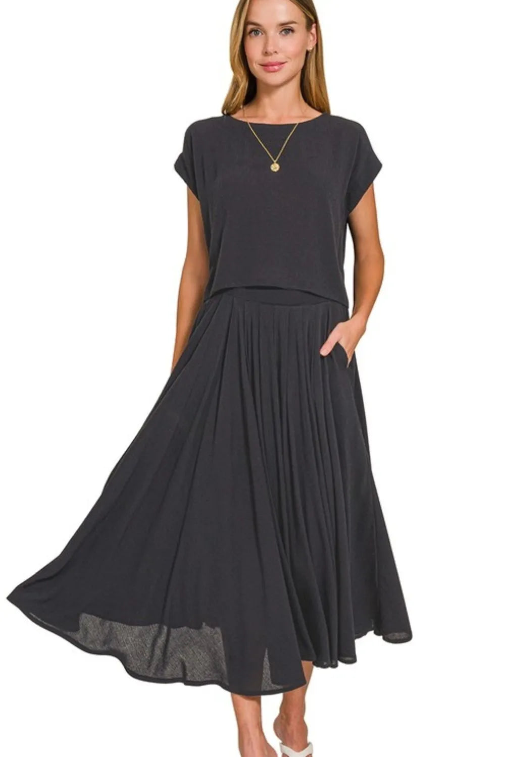 Zenana Woven Crinkle Gauze Crop Tee and Skirt Set, Black-The Woven Crinkle Gauze Crop Tee and Skirt Set in black is a stylish and coordinated outfit choice for a chic and effortless look. Made from crinkle gauze fabric.-Reef Love Boho-Chic Boutique