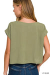 Zenana Woven Crinkle Gauze Crop Tee and Skirt Set, Light Olive