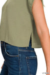 Zenana Woven Crinkle Gauze Crop Tee and Skirt Set, Light Olive