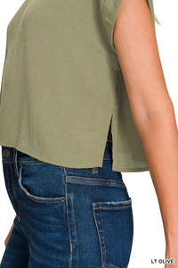 Zenana Woven Crinkle Gauze Crop Tee and Skirt Set, Light Olive