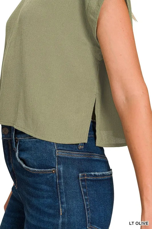 Zenana Woven Crinkle Gauze Crop Tee and Skirt Set, Light Olive