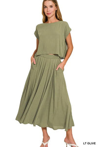 Zenana Woven Crinkle Gauze Crop Tee and Skirt Set, Light Olive