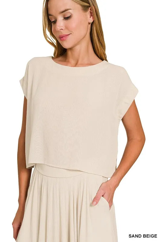 Zenana Woven Crinkle Gauze Crop Tee and Skirt Set, Sand Beige-The Woven Crinkle Gauze Crop Tee and Skirt Set in Sand Beige is a stylish and coordinated outfit choice for a chic and effortless look with crinkle gauze fabric-Reef Love Boho-Chic Boutique