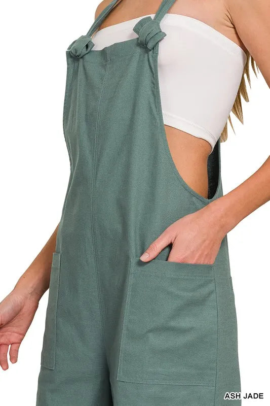 Zenana Woven Knot Strap Cropped Overalls