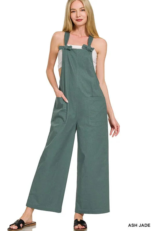 Zenana Woven Knot Strap Cropped Overalls
