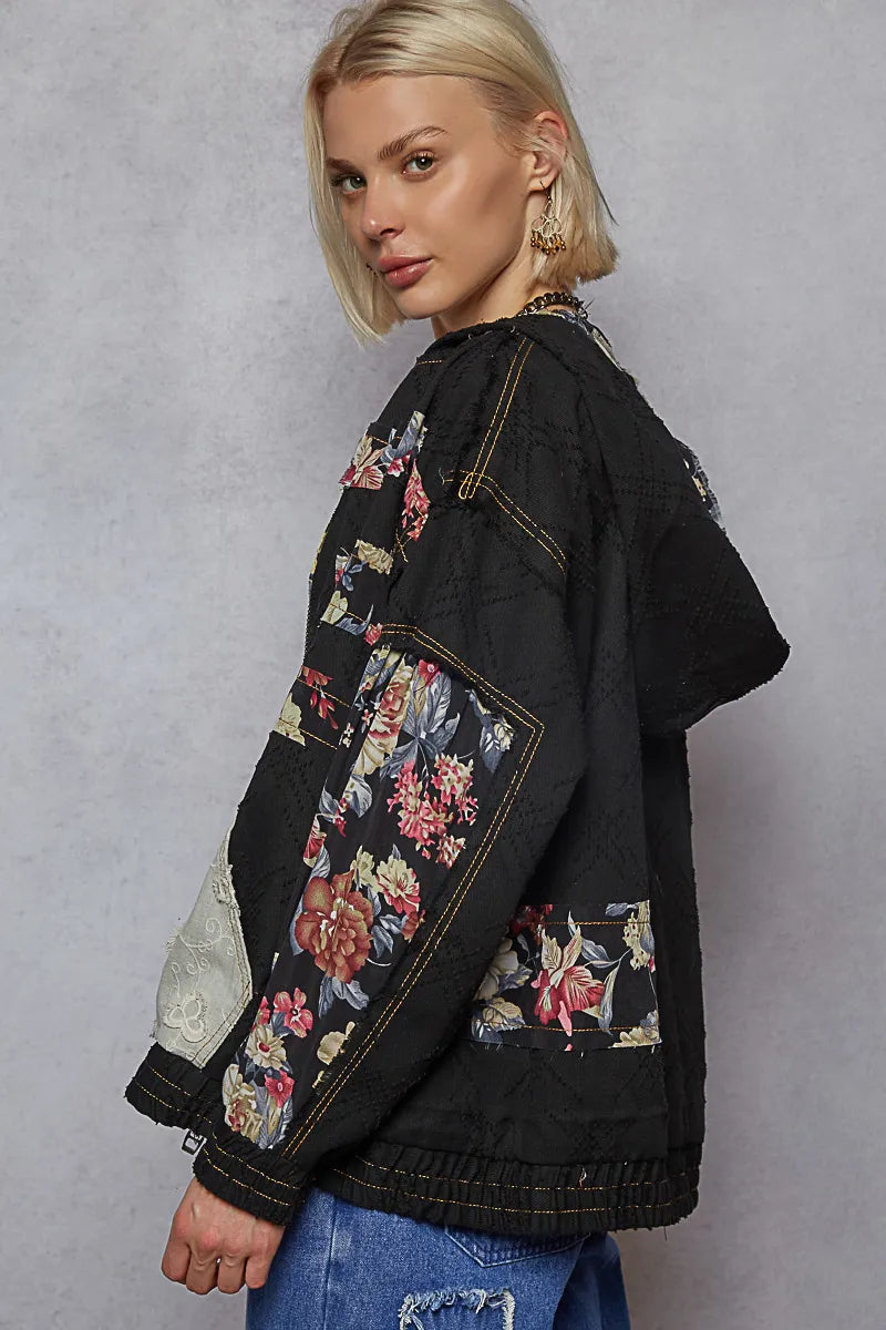 Zip Up Floral and Lace Patch Bomber Jacket-Jacket-Reef Love