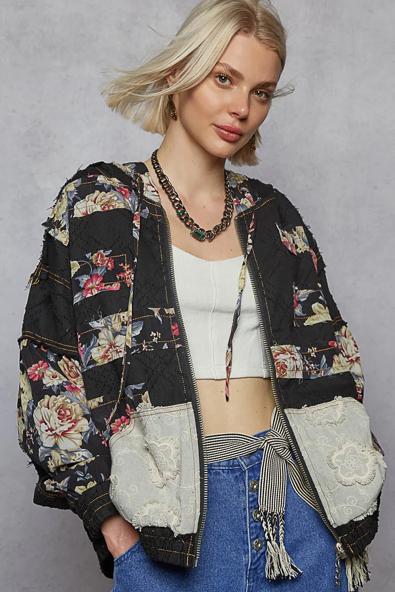 Zip Up Floral and Lace Patch Bomber Jacket-Jacket-Reef Love