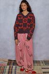 V-Neck Heart Pattern Checkered Oversized Sweater